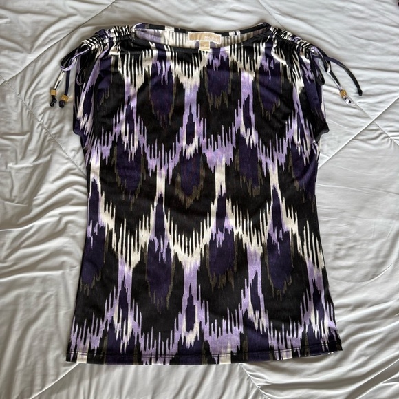 MICHAEL Michael Kors Tops - MICHAEL Michael Kors Black Purple Patterned Blouse Tank Cinched Shoulder Tassel
